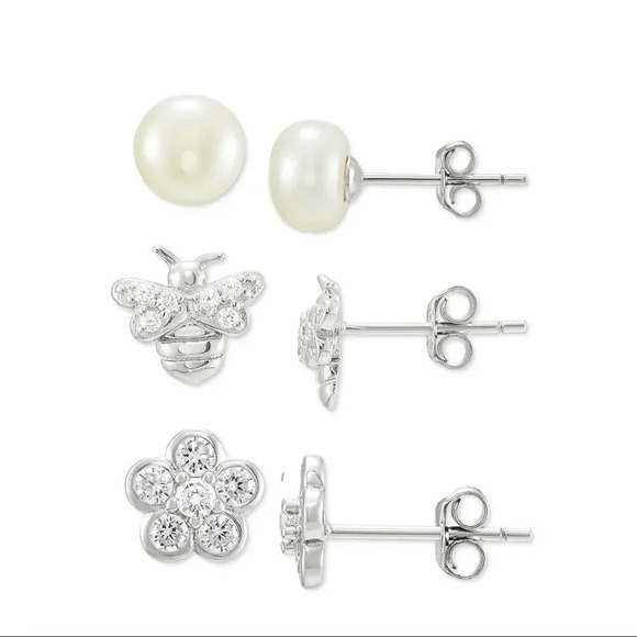 NWT Giani Bernini 3pc set Cultured Freshwater Pearl&Cubic Zirconia Stud Earrings - Picture 1 of 1